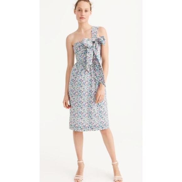 J Crew Liberty of London Dress 6 One Shoulder Bow Cotton Floral Lined Sheath NEW - Picture 1 of 10